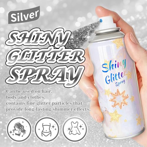 Body Glitter Spray Silver Glitter Spray for Hair Body and Clothes, Quick-Drying Shimmer Powder for Kids, Suitable for Christmas Concert Festival Halloween Party- 4.22 Fl Oz, Silver