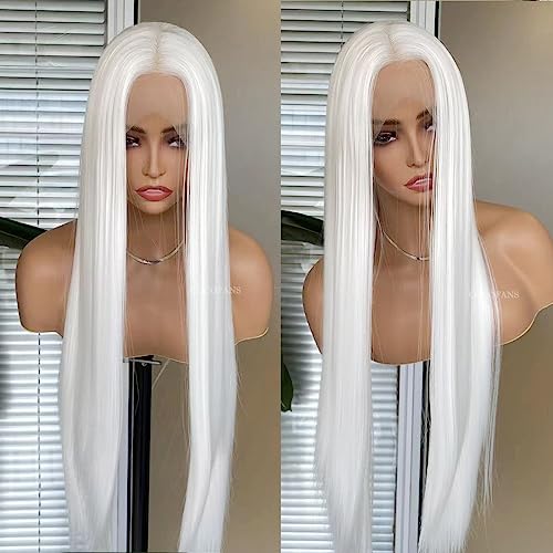 White Synthetic Lace Front Wig for Women - Long Silky Straight Hair
