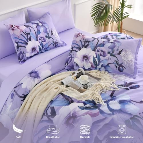 Luxudecor Queen Lavender Floral Comforter Set 7 Piece Bed in a Bag