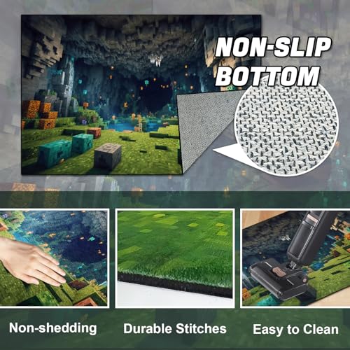 Pixel Game Rug for Kids and Teens - Green Grass Karst Cave, 86 x 63 Inches - Non-Slip, Washable Playroom Carpet