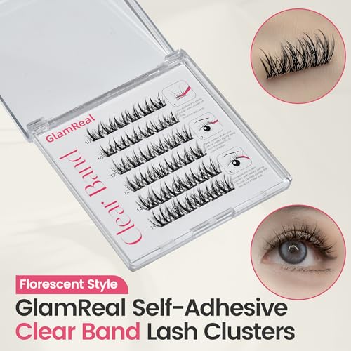 Self Adhesive Press On Lashes 10-14mm, Pop-On Glueless Lash Clusters, Volumizing ULTRA-THIN Invisible Band Lashes, Reusable No Residue 36 Clusters, Beginner Friendly Kit by GlamReal (Florescent)
