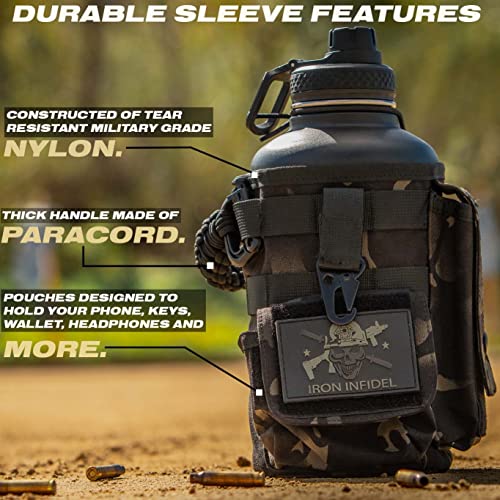 Insulated Water Bottle with Paracord Handle 64 oz Black Camo - Rugged Stainless Steel Jug with Removable Sleeve