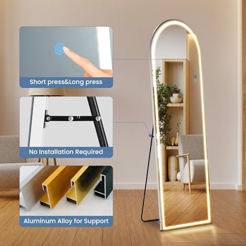 White LED Arched Full Length Mirror with Stand - 16x60 Inch