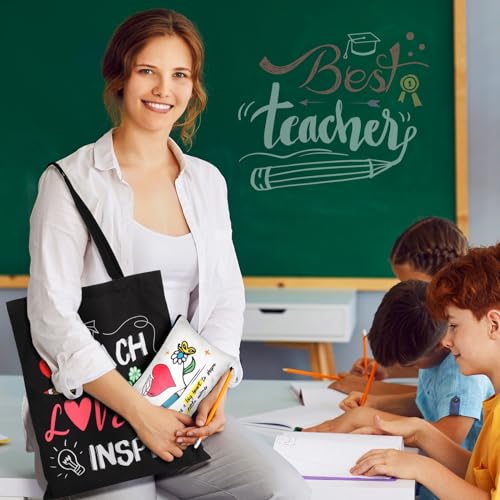 Blosssound 12 Pcs Teacher Appreciation Gift for Women Canvas Tote Bag Thank You Teacher Cosmetic Makeup Bag
