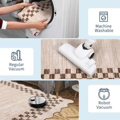 Machine Washable 8x10 Rug for Living Room - Scalloped Beige Large Bedroom Rug