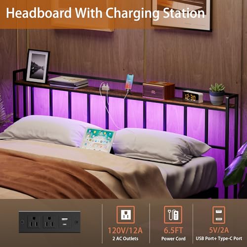King Headboard with LED Lights and USB Outlets - Rustic Brown, Adjustable Height