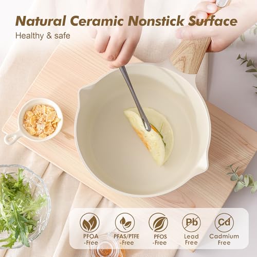 Ceramic Saucepan Set 2.0 & 3.0 Quarts Nonstick Cookware with Lid, Induction Suitable, White Variation