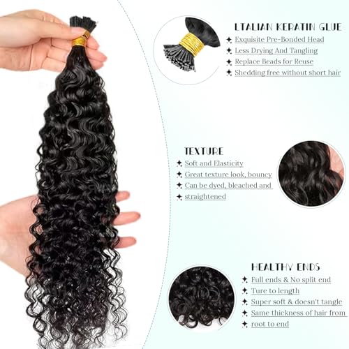 Water Wave Human Hair Extensions I Tip 16 Inch 50G Natural Black Micro Link