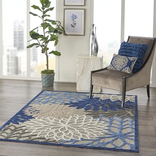 Outdoor Indoor Floral Area Rug 6x9 Blue Multicolor Non-Shedding Textured