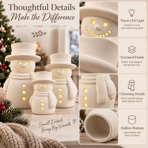 3-Piece Terracotta Snowman Christmas Decor with LED String Lights