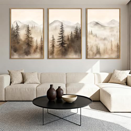 Large Mountain Forest Wall Art Set of 3 - Framed Canvas Prints, 16x24 Inches, Brown Variation