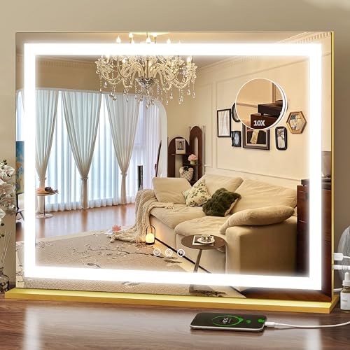 Gold Vanity Mirror with Lights 23x18 Inch Full View Dimmable LED Beauty Mirror - Detachable Magnifier