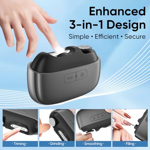 Electric Nail Clipper, 3-in-1 Automatic Nail Trimmer with Polishing & Clipping Storage, USB Rechargeable Nail Cutter with LED Light & 2 Speed Modes for Home & Travel Use