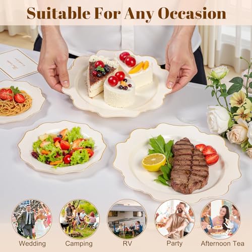 Ivory Plastic Plates with Gold Rim - 200pcs Disposable Dinner & Dessert Plates - Variation of Ivory / 200