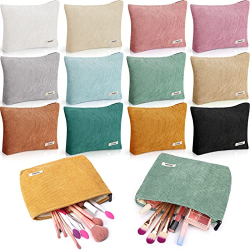Hillban 12 Pieces Corduroy Makeup Bag Large Cosmetic Bag 10 x 7 Inches Zipper Storage Makeup Pouch Velvet Travel Toiletry Bag Brushes Accessories Organizer Purse for Women Gifts, 12 Colors