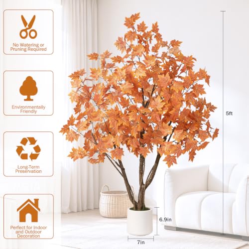Artificial Fall Maple Tree 5FT for Indoor Outdoor Decor - Vibrant Autumn Leaves