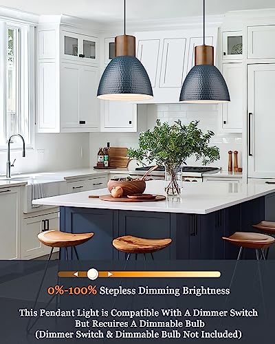 Blue 2 Pack Modern Hammered Pendant Lights - Adjustable Wood & Metal Fixture for Kitchen & Dining