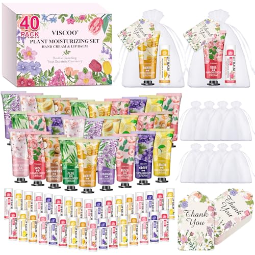 40 Pack Lip Balm and Hand Cream Set with Gift Bags & Cards - Bulk Gifts for Women
