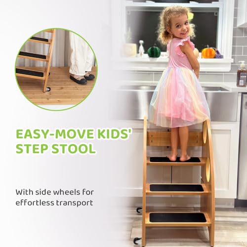 Wooden Toddler Step Stool with Non-Slip Steps & Safety Handles - Supports 350 lbs