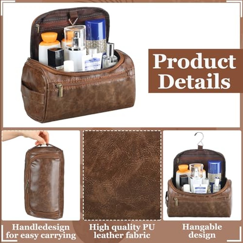 Aliceset 6 Pcs Groomsmen Gift Groomsmen Toiletry Bags Set of 6 Leather Toiletry Bag for Men with Hook Leather Wedding Proposal Bag with Side Handle Father Gift(Dark Brown)