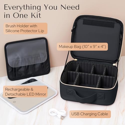Makeup Bag with LED Mirror ? Travel Cosmetic Organizer with Lighted Mirror, Adjustable Dividers & Brush Holder Storage ? Portable PU Leather Makeup Case for Women & Girls - Black