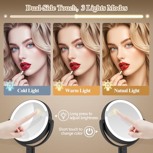 Makeup Mirror with Lights, Double Sided 1x/30x Magnifying Mirror with Light, Rechargeable 3 Color Lights and Adjustable Brightness, 360¡Æ Rotation Detachable Comes with Tweezer(Dark)