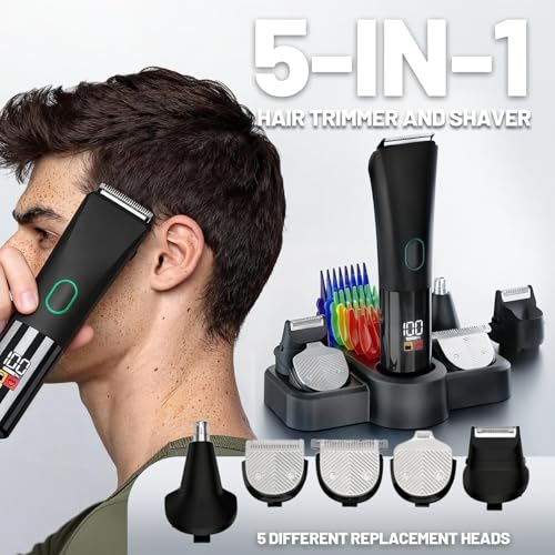 Electric Beard Trimmer for Men Upgraded 5 IN 1 Cordless Hair Clipper and Shaver Kit with Adjustable Grooming Attachments for Mustache Body Nose Hair, Rechargeable Hair Clippers with Sideburn Trimmer