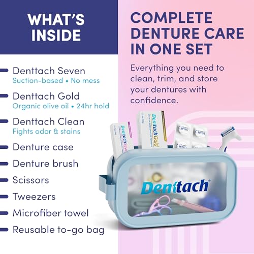 Denture Starter Kit with Adhesives, Cleaning Tablets & Travel Case - Complete Oral Care Set