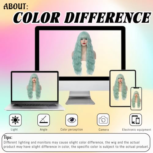 Women's Bangs Mint Green Wig 27 Inches Long Curly Wavy Hair Heat
