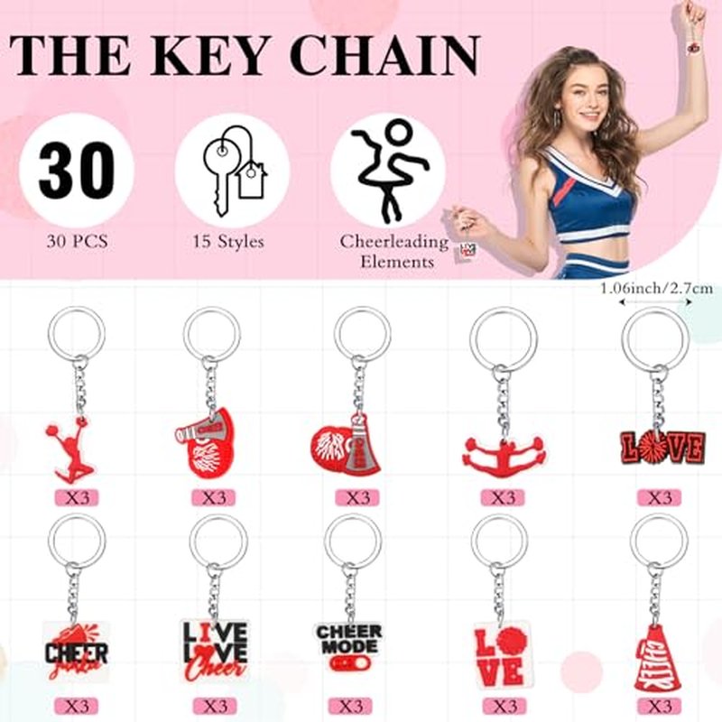 91 Pcs Gifts for Cheerleader Cheer Gifts Bulk Cheer Makeup Bag & Keychain & Bracelet & Waterproof Stickers for Women Girls Teammates Gift Team(Red)