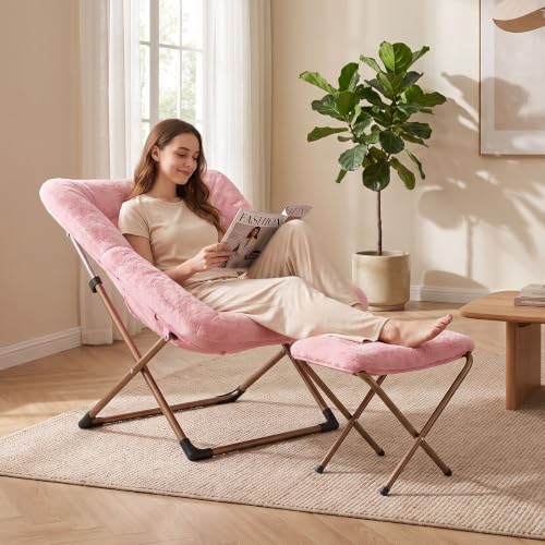 Pink Oversized Saucer Chair with Ottoman - Faux Fur Lounge Chair for Adults