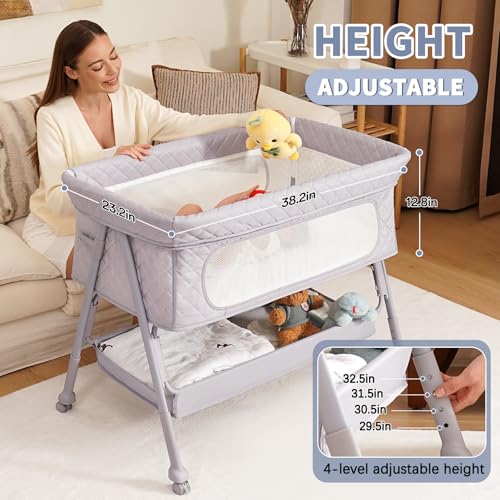 Adjustable Baby Bassinet Bedside Sleeper with Wheels & Mattress - Grey