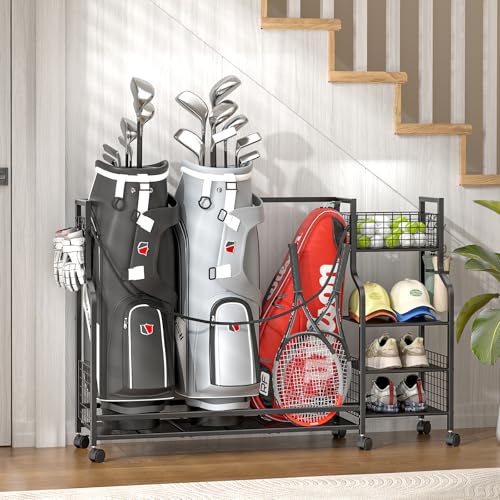 Golf Bag Storage Rack with Wheels for Garage - Holds 3 Bags, Organizer Stand - Black - Variation of 3 Bags