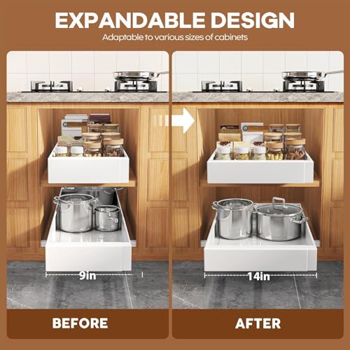 Seinloes 2 Pack Expandable Pull Out Cabinet Organizer 9-14 inches White, 21-inch Deep, No-Drill, Kitchen Storage