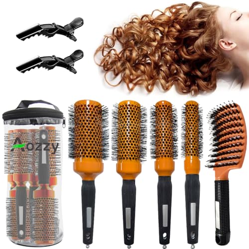 Orange 5pcs Hair Styling Brush Set - Blow Dry & Detangle Round & Boar Bristle