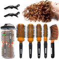 Orange 5pcs Hair Styling Brush Set - Blow Dry & Detangle Round & Boar Bristle