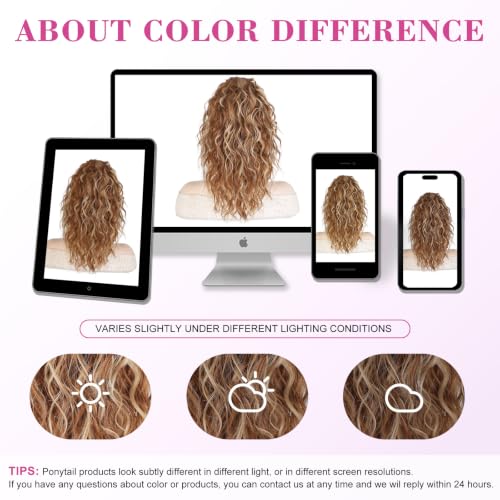 AISI BEAUTY 14 Inch Reddish Orange Ponytail Extension with Blonde Highlights, Curly Clip-In Hairpiece