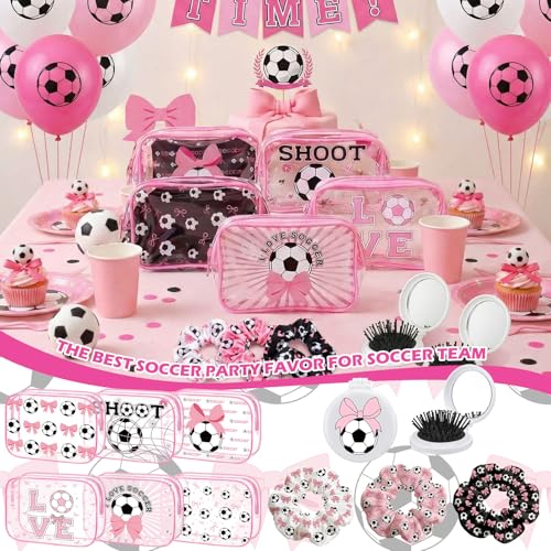 Pink Bow Soccer Gifts Set for Girls – Makeup Bag, Hair Scrunchies & Folding Brush – Sports Party Favors