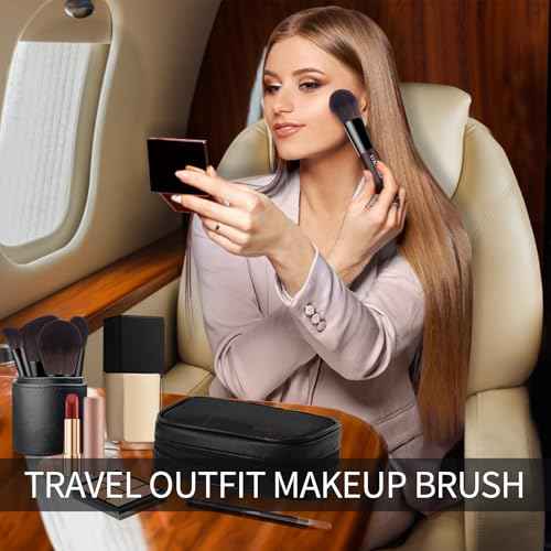 Travel Makeup Brush Set, 15 pcs Mini Makeup Brushes and 2 Puff for Foundation, Powder, Eyeshadow, Highlight, Contour, Blush & Concealer, Small Makeup Brush Set Purse Size with Case (black and brown)