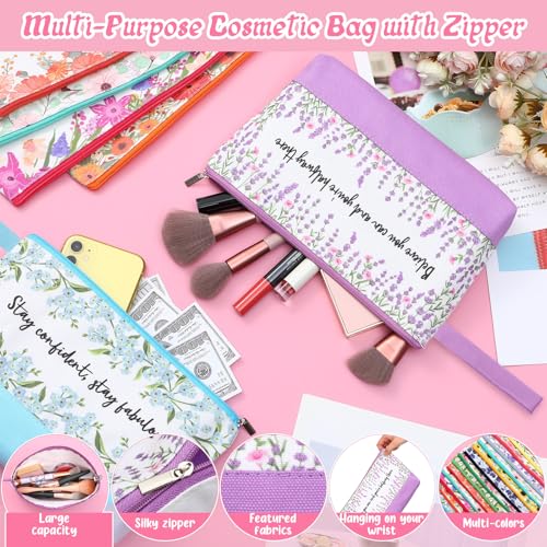 Silkfly 15 Pcs Flower Canvas Makeup Bags Bulk 10.2 x 5.5 x 2 Inches Inspirational Canvas Cosmetic Bag Spring Travel Toiletry Pouch with Zipper Inspirational Gifts for Women