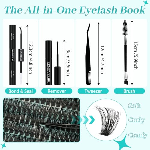 Lash Clusters Kit 640Pcs, 30D+40D+60D+80D Eyelash Extension Kit, Lash Bond and Seal Waterproof, Lash Remover, Lash Applicator Tool and Function Brush for DIY Lash Extension Kit(D-Mix9-16mm Kit)