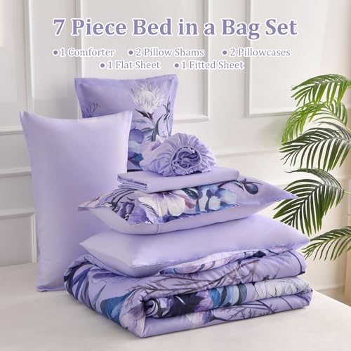Luxudecor Queen Lavender Floral Comforter Set 7 Piece Bed in a Bag