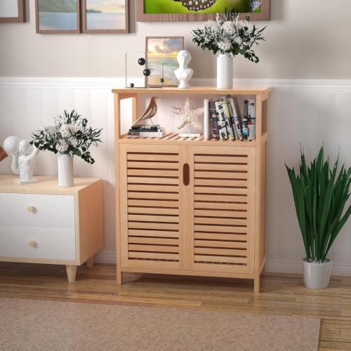 Bamboo Bathroom Storage Cabinet with 2 Doors - Freestanding Kitchen & Home Organizer