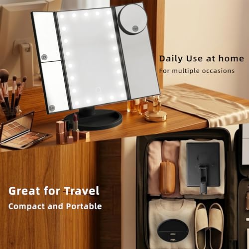 Black Lighted Makeup Mirror with Magnification Tri-Fold LED Vanity Mirror