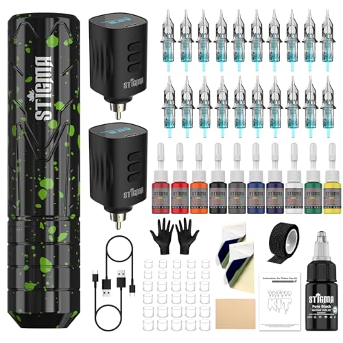 Wireless Tattoo Kit with Rotary Pen, 20 Needles, 11 Ink, Practice Skin & Batteries
