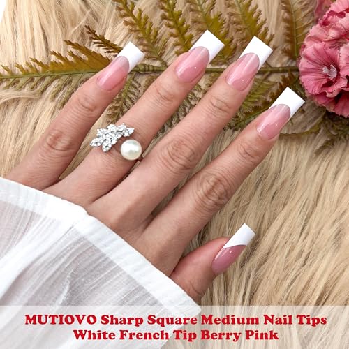 MUTIOVO Medium Straight Square White French Tip Nail Tips 180 pcs - Berry Pink, Extra Thick Soft Gel Extensions for DIY Manicure