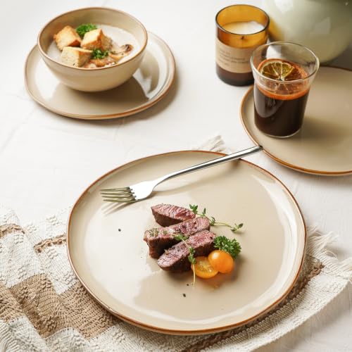 Stoneware Dinnerware Set for 4 - 12 Pcs Beige Reactive Glaze Plates Bowls