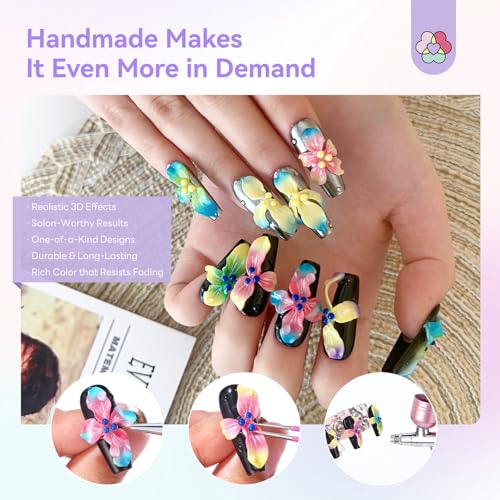 Handmade Press On Nails Almond 3D Hand Painted Flower Fake Nails with Cherry Droplet Designs Reusable Stick On Kit