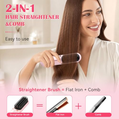 Hatteker Cordless Hair Straightener Brush Pink - Travel & Detangling Styling Tool