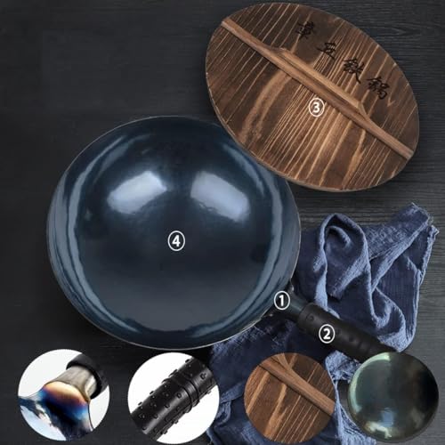 14-Inch Carbon Steel Wok Round Bottom with Wooden Lid & Rubber Handle - Gas Stove Ready, Traditional Chinese Cooking, 14in / Rubber Handle